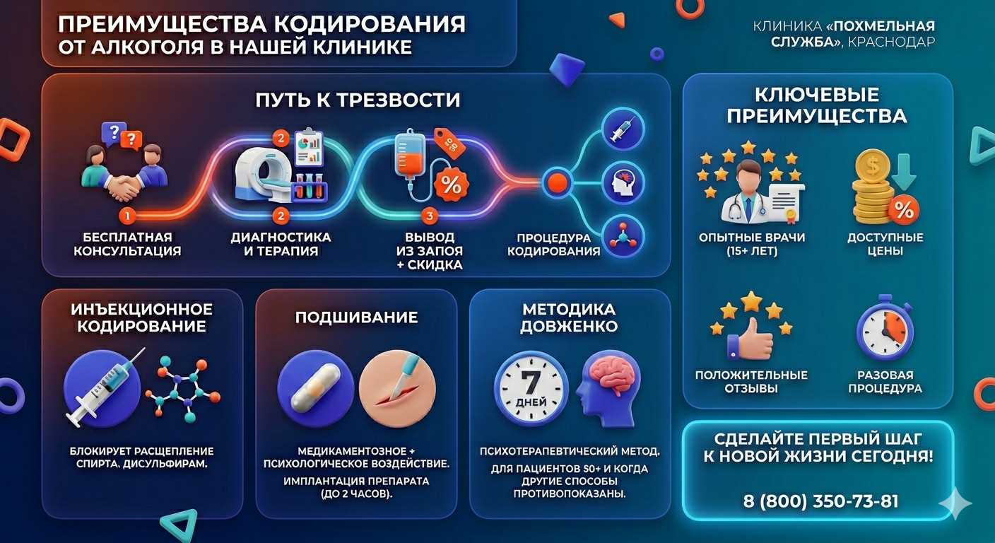 Инфографика о методах кодирования от алкоголя в Пушкино: инъекции, подшивание, метод Довженко. Преимущества клиники и этапы лечения.